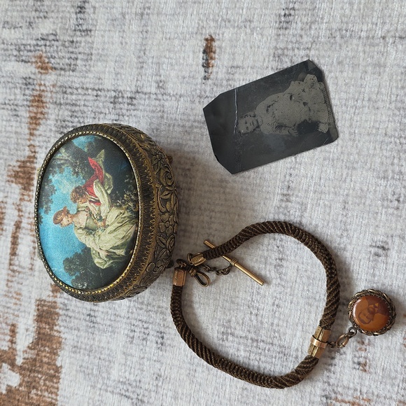 Antique American Jewelry - Antique Japan Trinket Box Silk Boucher Landscape Tintype Hair Mourning Chain